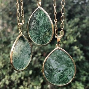 Boho Moss Agate Slice Teardrop Pendant Necklace